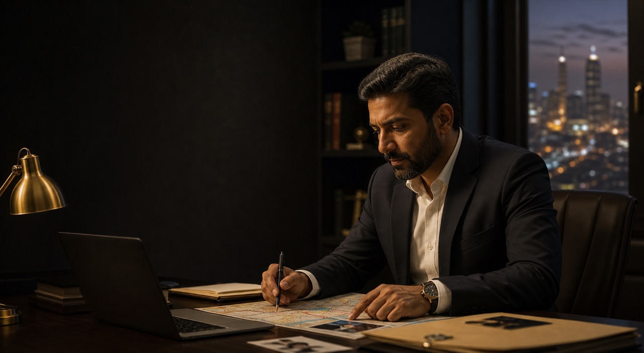 Professional Indian private investigator reviewing a case in a discreet office